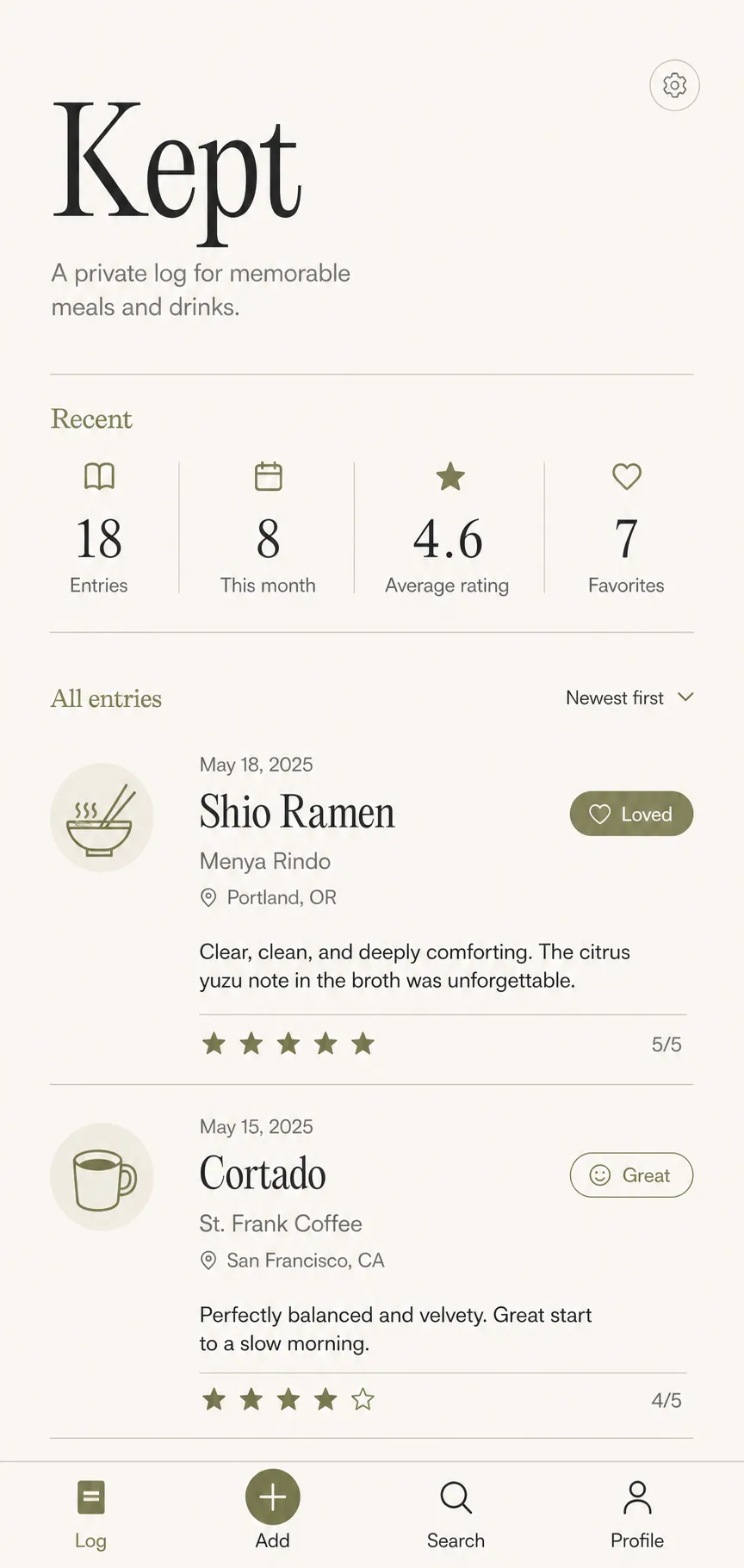 Kept mobile log showing memorable meals and drinks in a warm editorial layout