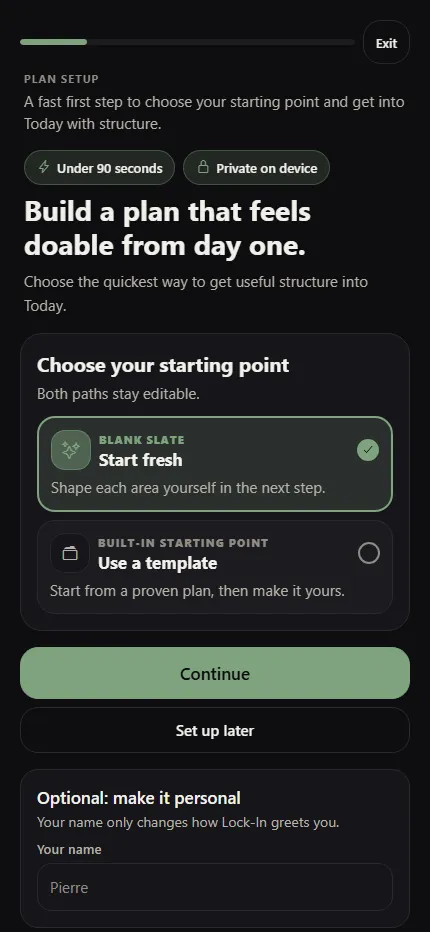 Locked-In plan setup screen offering a blank plan or built-in starting point