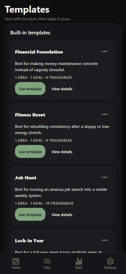 Locked-In mobile screen listing structured starting templates for personal plans