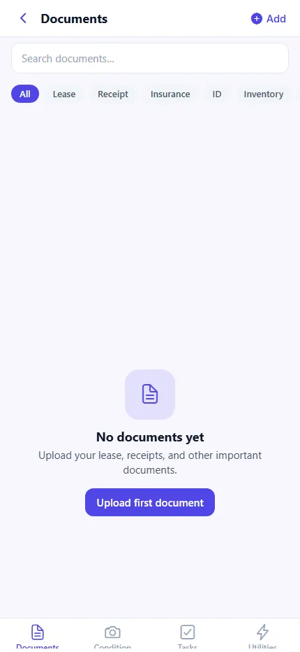 MoveIn documents screen listing a lease and receipts filed under one move, with no account or cloud sync
