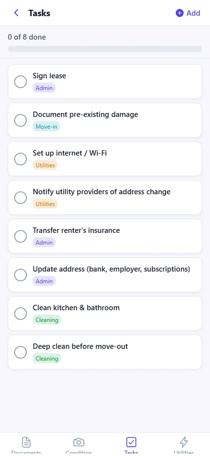 MoveIn task list reading zero of eight done, with tasks tagged Admin, Move-in, Utilities, and Cleaning