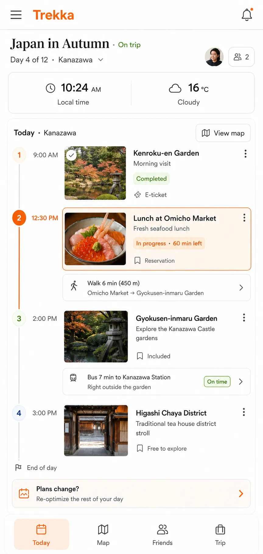 Trekka mobile live itinerary showing the current activity, next stops, directions, and bookings